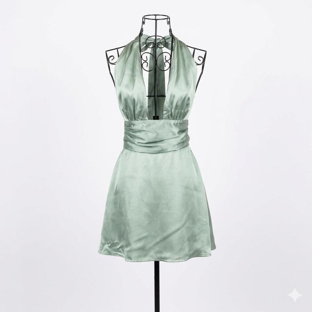 Lucy in the Sky Sage Green Satin Halter Mini Homecoming Dress - Size S